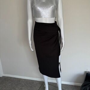 Commense Elegant Black Faux Wrap Midi‎ Skirt with Side Slit Size S
